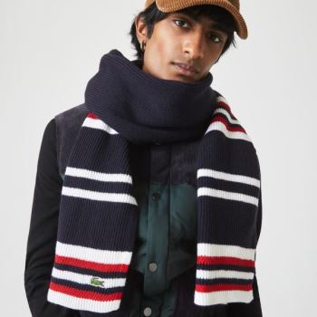 Lacoste Made in France Striped Ribbed Rectangular Wool Scarf - Šály Pánské Tmavě Blankyt Blankyt / B